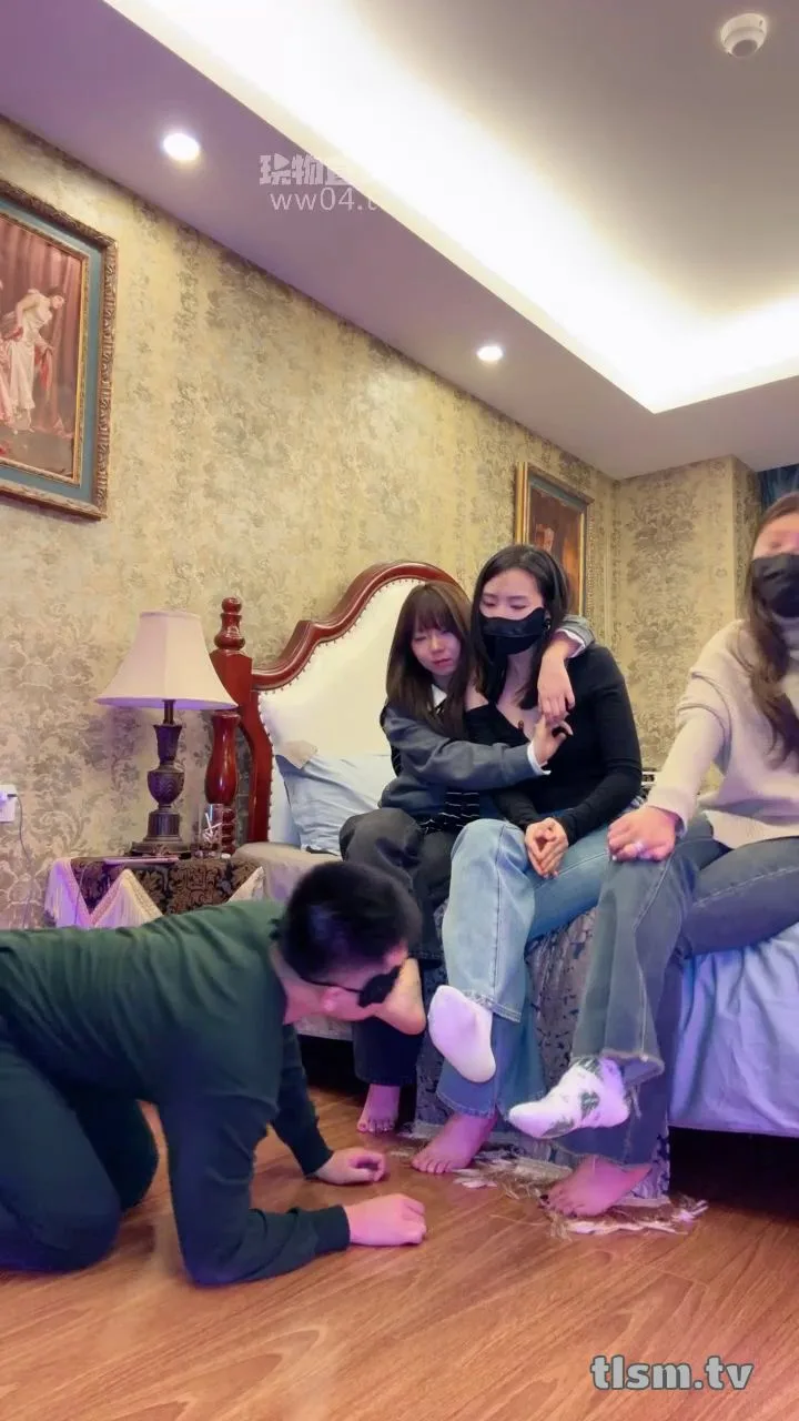 Three masked Asian girls and a guy in a dim bedroom session